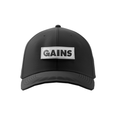 Black cap with 'GAINS' logo on a white background