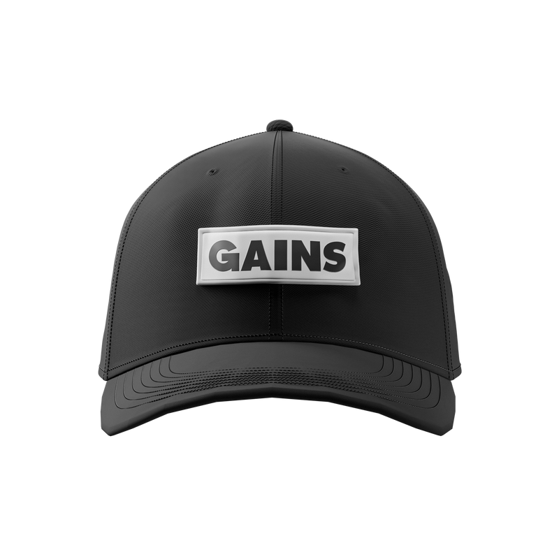 Black cap with 'GAINS' logo on a white background