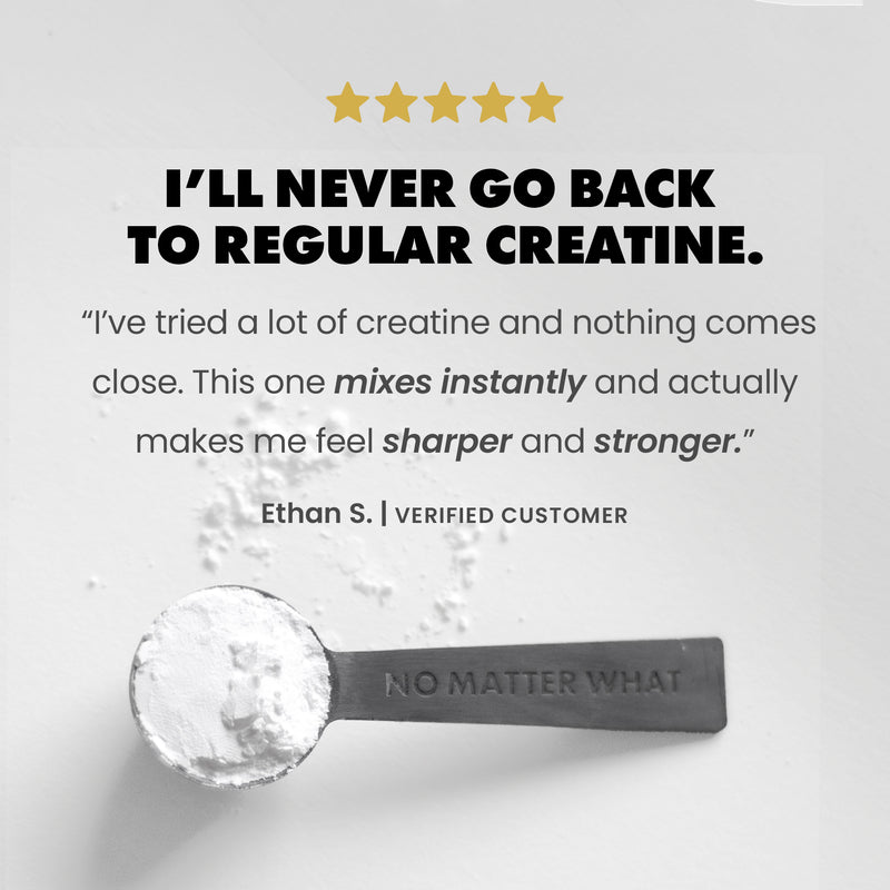 Spoon with creatine powder and customer review on a light gray background Supplement facts | original 90