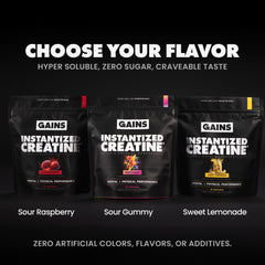 Image of Instantized Creatine in different flavors: Sour Raspberry, Sour Gummy, and Sweet Lemonade. 