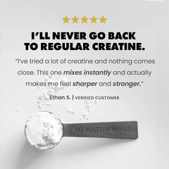 Spoon with creatine powder and customer review on a light gray background | original