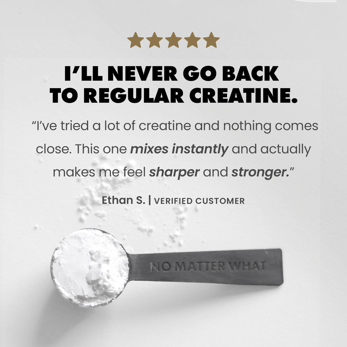 Spoon with creatine powder and customer review on a light gray background | original