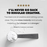 Spoon with creatine powder and customer review on a light gray background | original