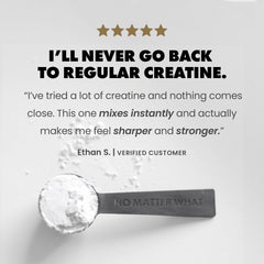 Spoon with creatine powder and customer review on a light gray background | original