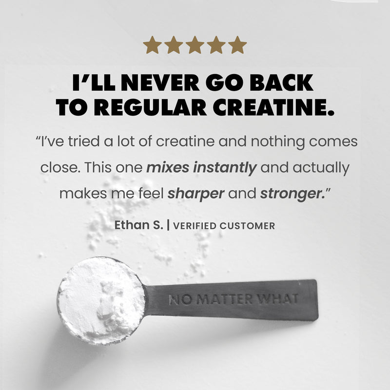 Spoon with creatine powder and customer review on a light gray background | original