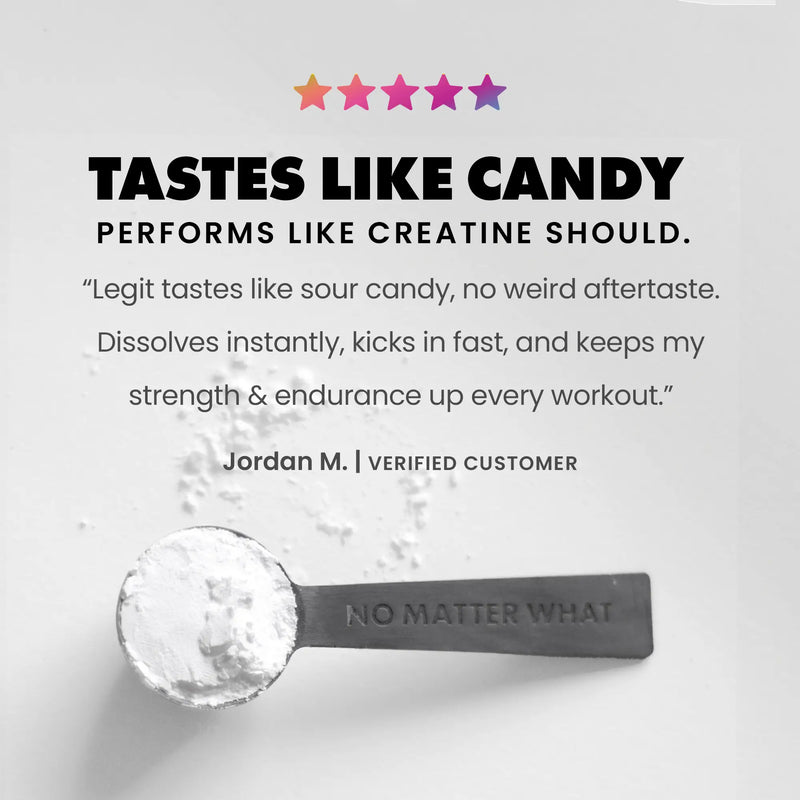 Spoonful of powder with 'No Matter What' branding and customer review text on a light gray background. | sour gummy