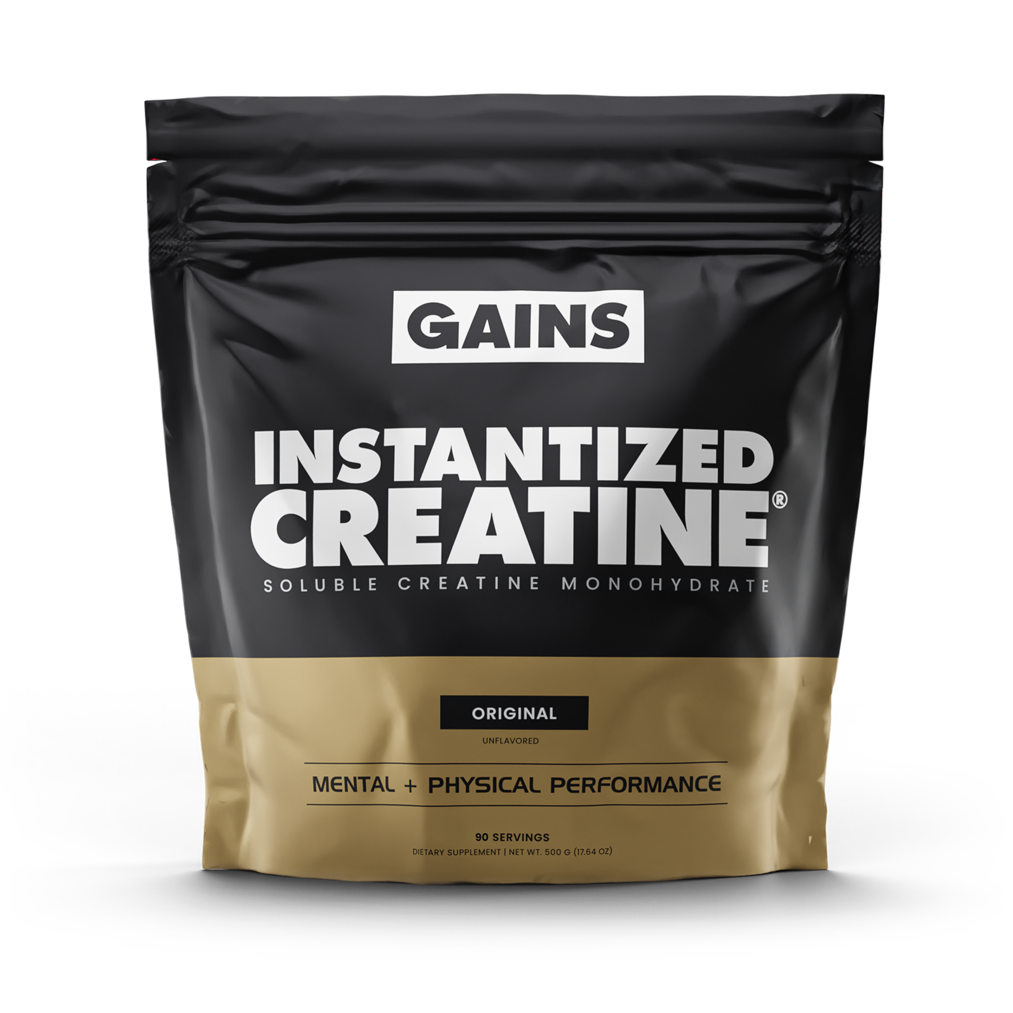 A black and gold pouch labeled Fully Soluble Creatine contains unflavored, instantized creatine monohydrate for mental + physical performance and muscle endurance, offering 90 servings.