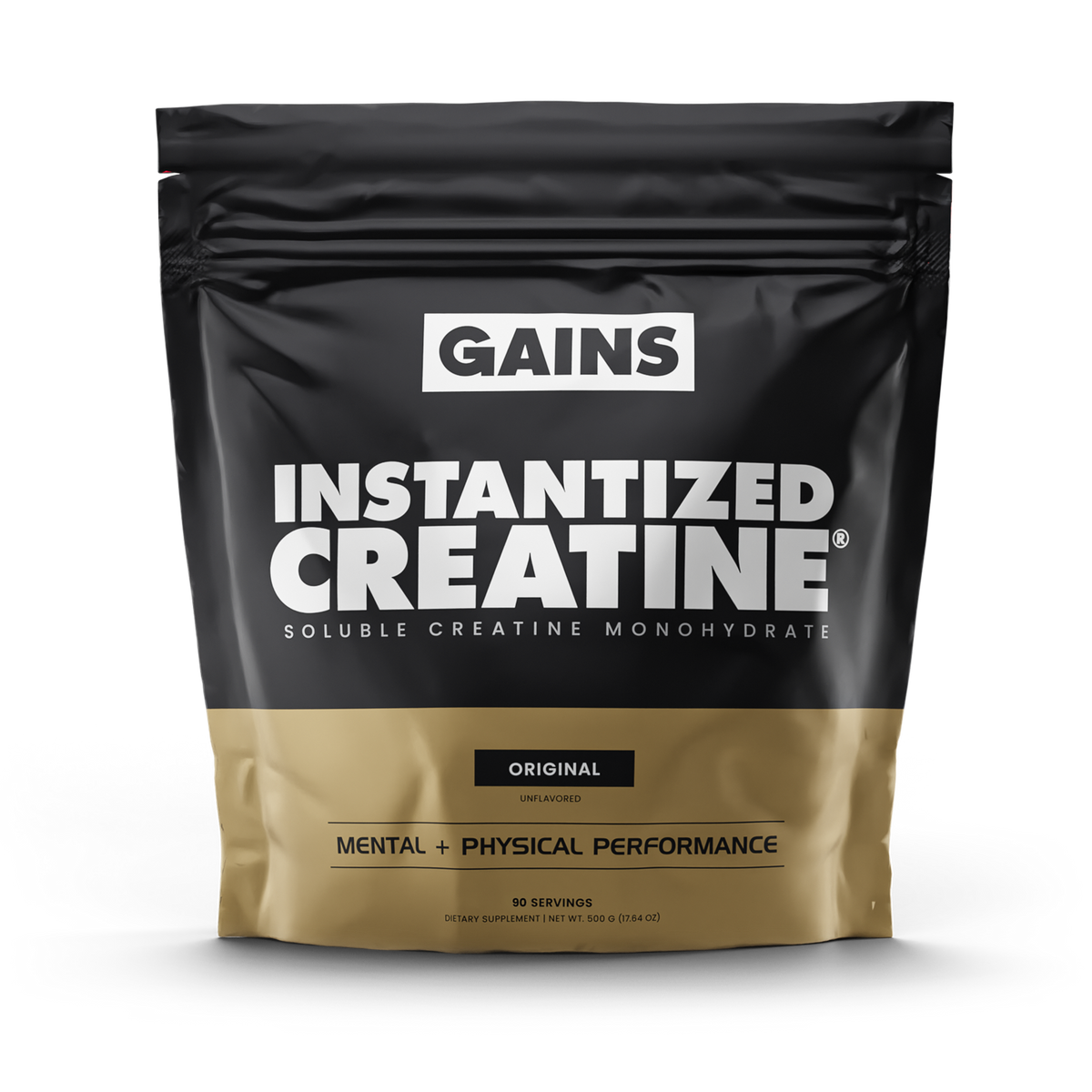 A black and gold pouch labeled Fully Soluble Creatine contains unflavored, instantized creatine monohydrate for mental + physical performance and muscle endurance, offering 90 servings.