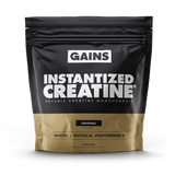 A black and gold pouch labeled Fully Soluble Creatine contains unflavored, instantized creatine monohydrate for mental + physical performance and muscle endurance, offering 90 servings.