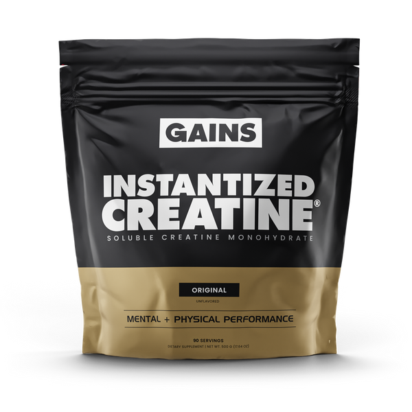 A black and gold pouch labeled Fully Soluble Creatine contains unflavored, instantized creatine monohydrate for mental + physical performance and muscle endurance, offering 90 servings.
