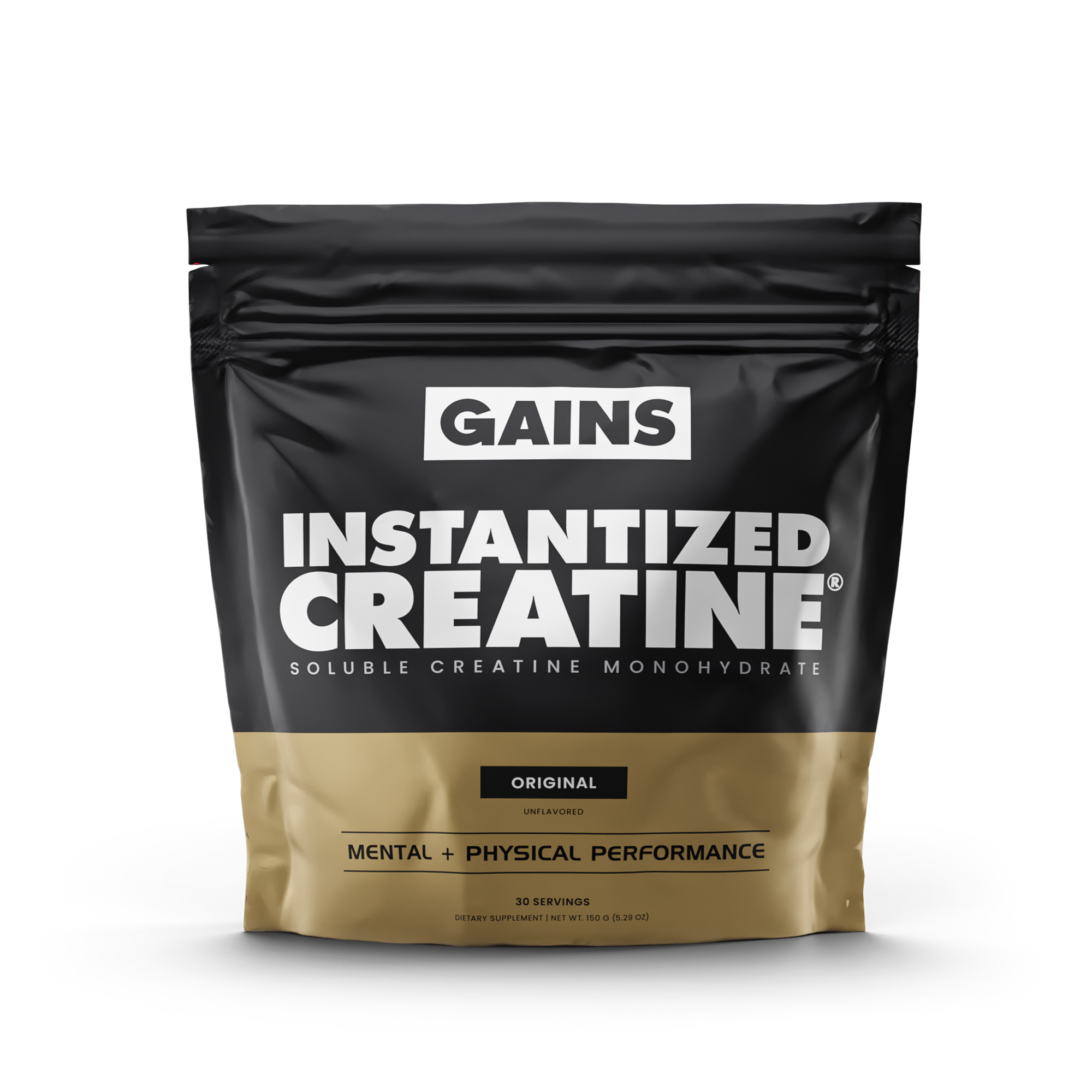 A black and gold pouch labeled Fully Soluble Creatine offers 50 servings of soluble creatine monohydrate for muscle endurance, original unflavored, supporting mental and physical performance.
