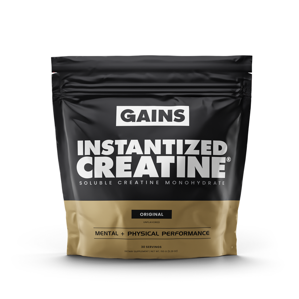 A black and gold pouch labeled Fully Soluble Creatine offers 50 servings of soluble creatine monohydrate for muscle endurance, original unflavored, supporting mental and physical performance.