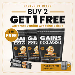 promotional offer for GAINS Go Packs Buy 2 Get 1 Free