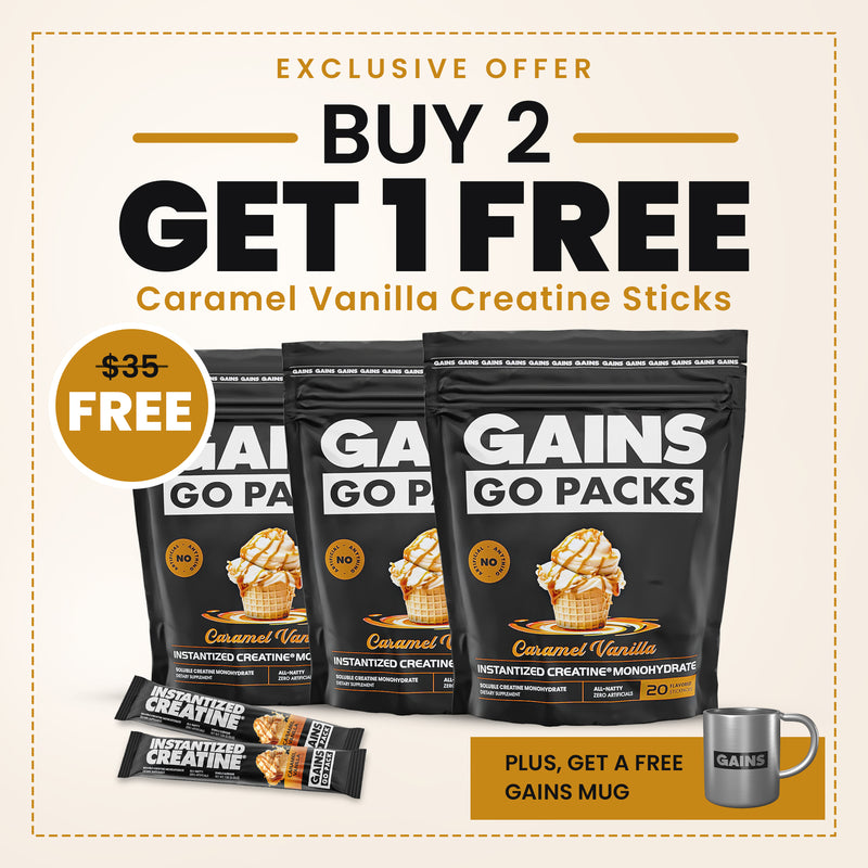 promotional offer for GAINS Go Packs Buy 2 Get 1 Free