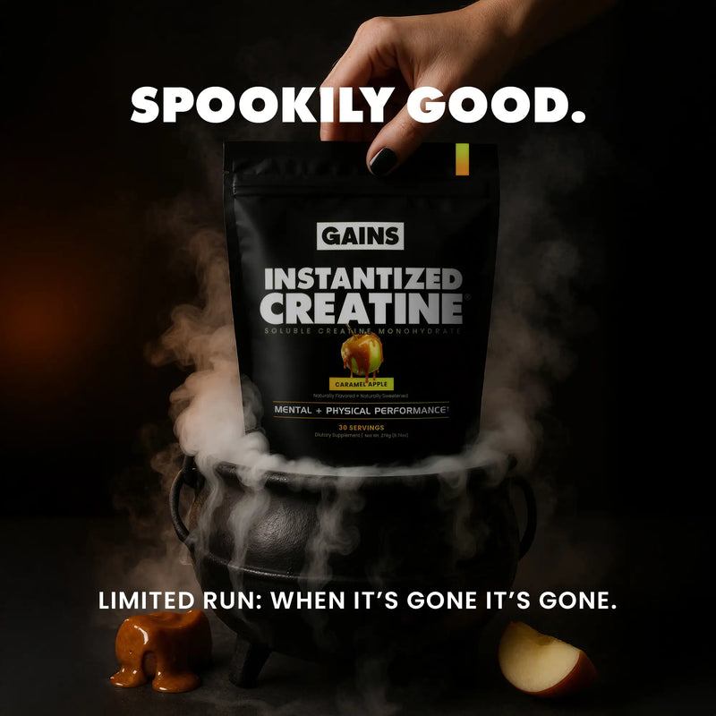 Gains Instantized Creatine supplement package with a hand holding it, surrounded by smoke and Halloween-themed elements. | caramel apple
