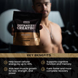 Person holding a package of Gains Instantized Creatine with key benefits listed below | original