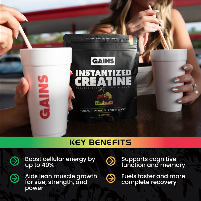 GAINS Instantized Creatine package entered between two people holding white Gains cups with straws, with a green-to-orange banner with key benefits listed on a dark background | cherry limeade