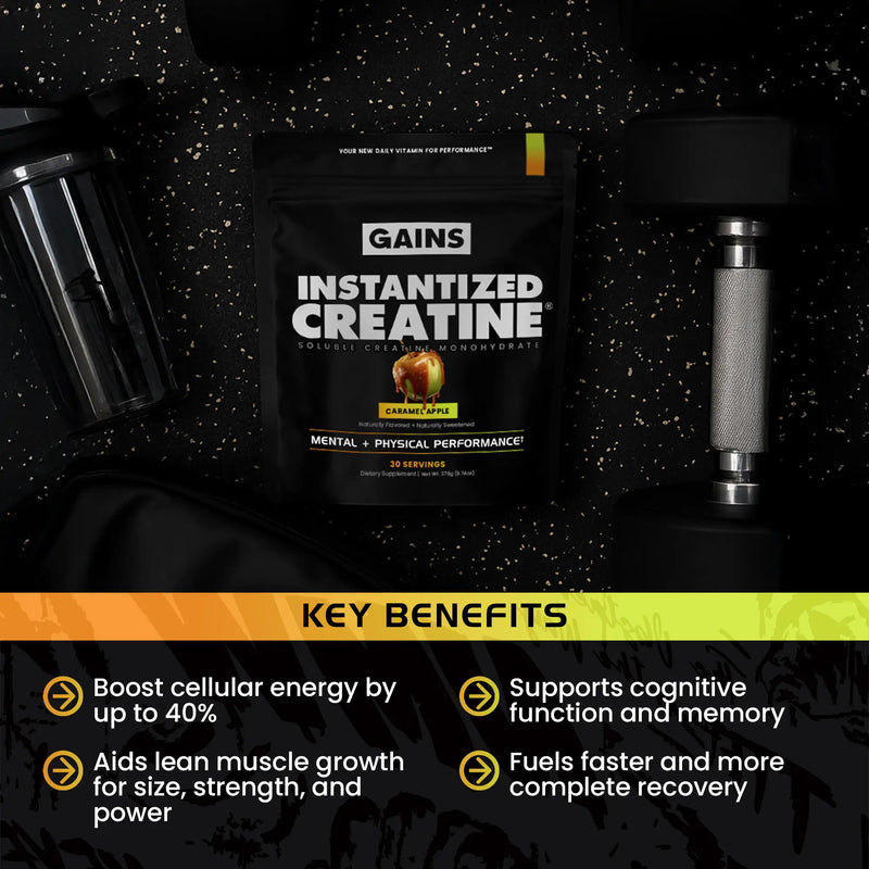 GAINS Instantized Creatine supplement package with key benefits listed on a dark background | caramel apple