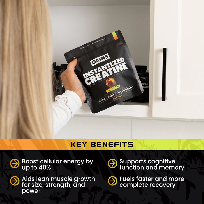 GAINS Instantized Creatine supplement package with key benefits listed on a dark background | caramel apple