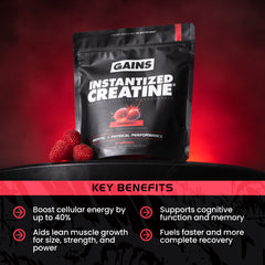 Gains Instantized Creatine package with raspberries on a red background benefits | raspberry