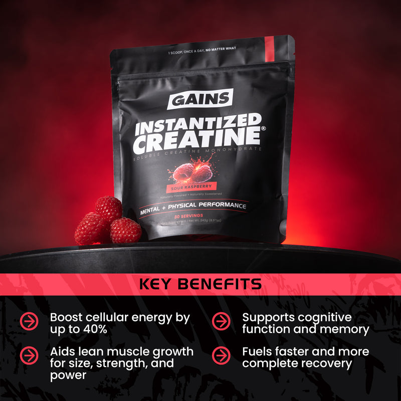 Gains Instantized Creatine supplement package with key benefits on a red background | sour raspberry 30