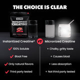 Comparison chart between Instantized Creatine and Micronized Creatine with product packaging and text on a dark background. | raspberry
