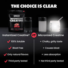 Comparison chart between Instantized Creatine and Micronized Creatine with product packaging and text on a dark background. | raspberry