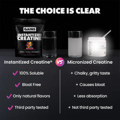 Comparison chart between Instantized Creatine and Micronized Creatine with product images and text on a dark background. | sour gummy