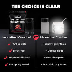 Comparison chart between Instantized Creatine and Micronized Creatine with product packaging and text on a dark background. | sour raspberry