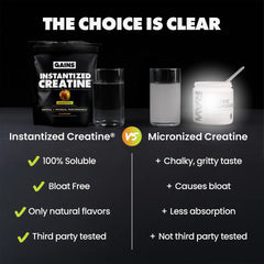 Comparison chart between Instantized Creatine and Micronized Creatine with product images and text on a dark background. | caramel apple