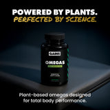 Bottle of GAINS Omegas on a dark surface with promotional text.
