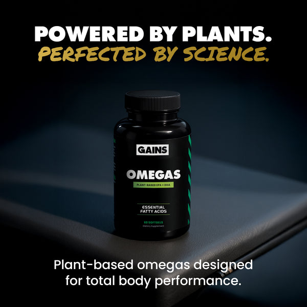 Bottle of GAINS Omegas on a dark surface with promotional text.