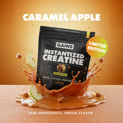 Gains Instantized Creatine package with caramel apple flavor on an orange background | caramel apple