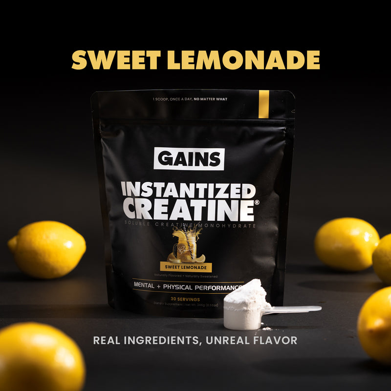 Gains Instantized Creatine Sweet Lemonade package with lemons on a dark background | sweet lemonade 30