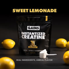 Gains Instantized Creatine Sweet Lemonade packaging with lemons on a dark background | sweet lemonade