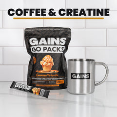 Gains Go Packs coffee and creatine package with a mug on a white tiled background
