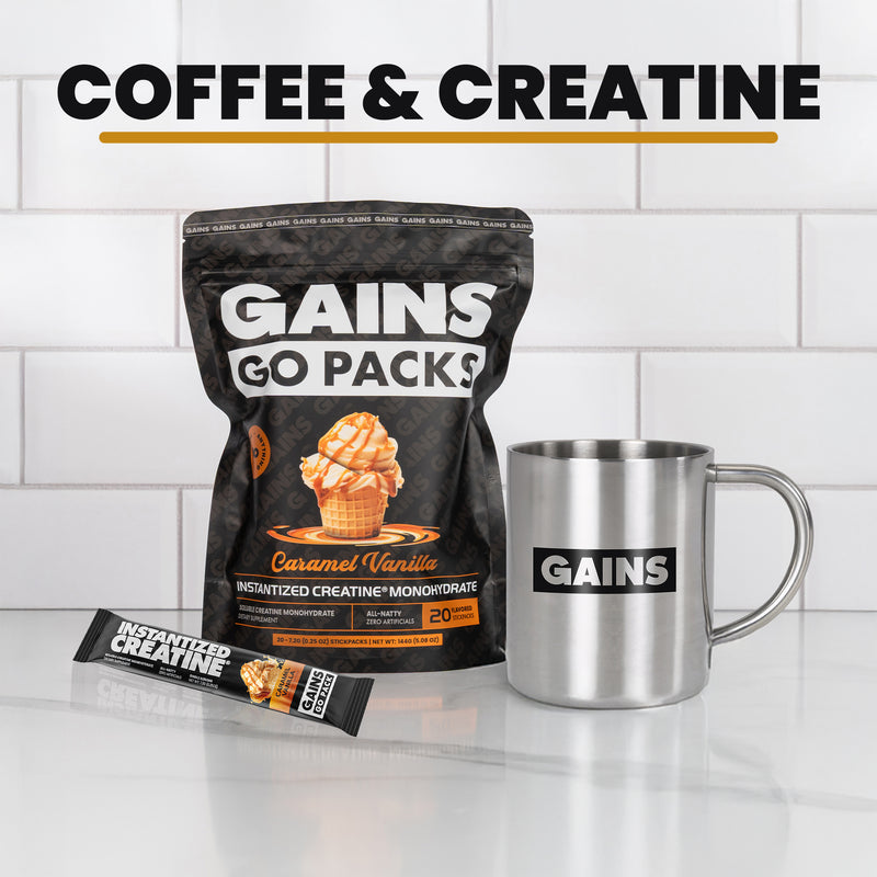 Gains Go Packs coffee and creatine package with a mug on a white tiled background