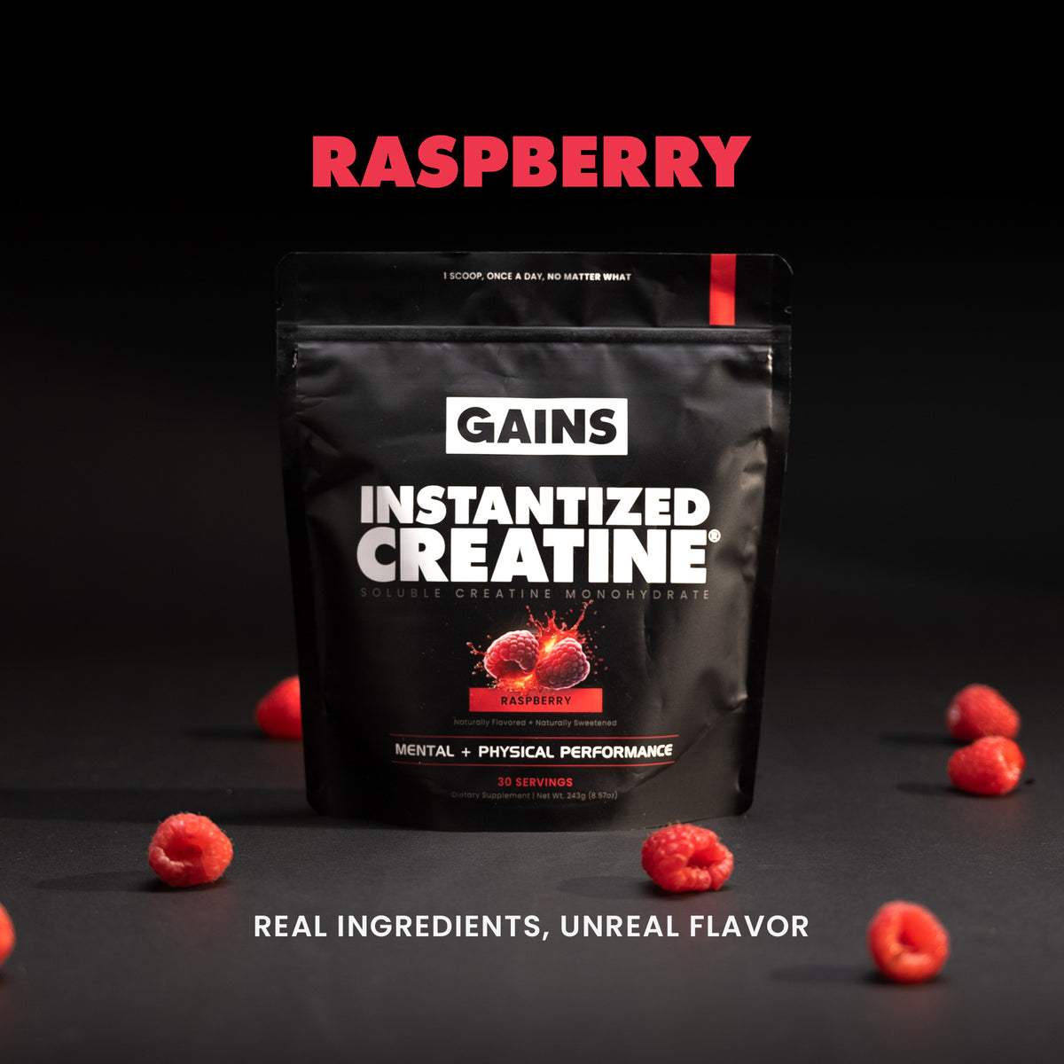 Black package of GAINS Instantized Creatine with sour raspberry flavor on a dark background with raspberries. | sour raspberry