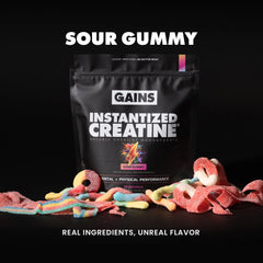 Gains Instantized Creatine package with colorful sour gummy candies on a black background | sour gummy