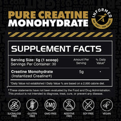 Supplement label for Pure Creatine Monohydrate with Informed Labs logo on a black background | original 30