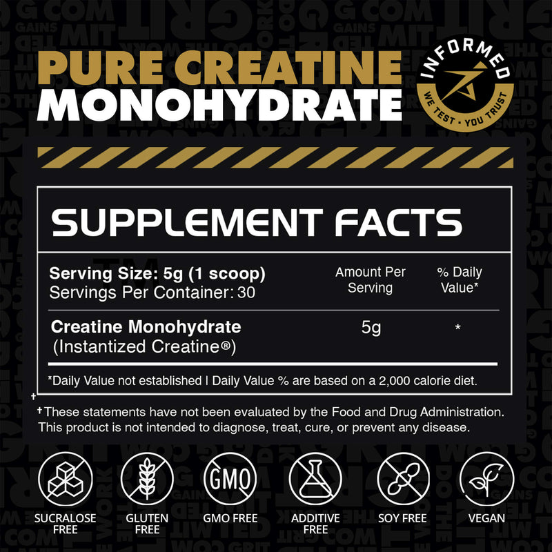 Supplement label for Pure Creatine Monohydrate with Informed Labs logo on a black background | original 30