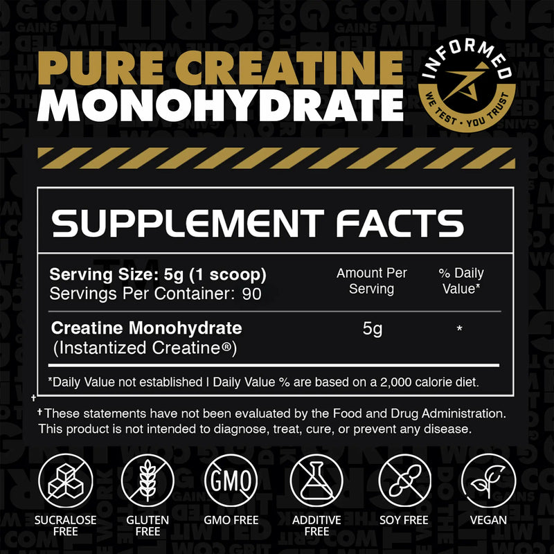Supplement label for Pure Creatine Monohydrate with supplement facts and certification icons on a black background | original 90