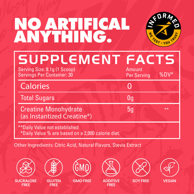 Supplement facts label with Informed logo on a red background | sour raspberry 30