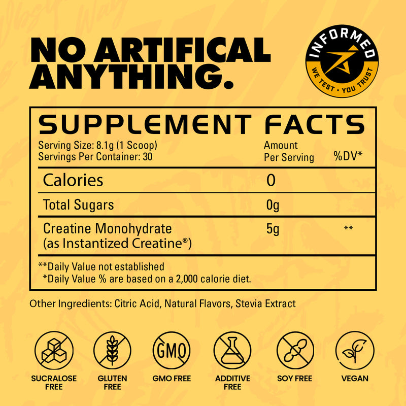 Supplement facts label with 'No Artificial Anything' text on a yellow background  | sweet lemonade 30