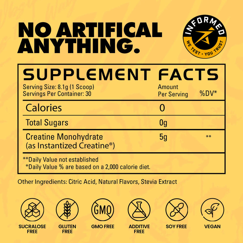 Supplement facts label with 'No Artificial Anything' on a yellow background | sweet lemonade 