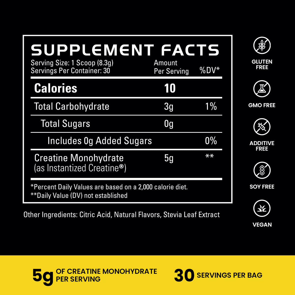 Supplement facts label with 'No Artificial Anything' on a yellow background | sweet lemonade 