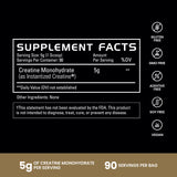 Supplement label for Pure Creatine Monohydrate with supplement facts and certification icons on a black background | original 90