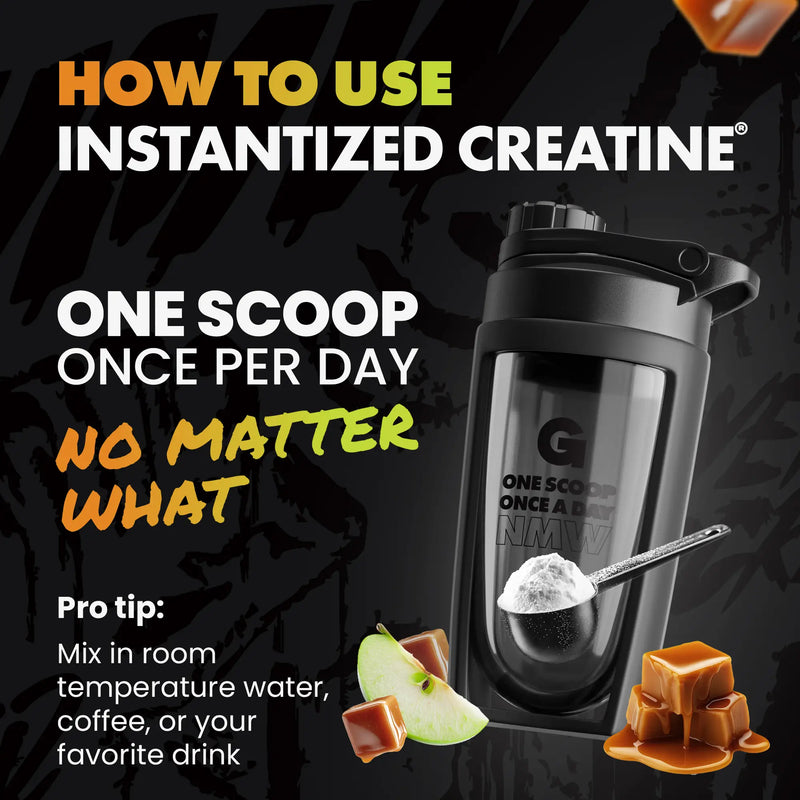 Shaker bottle with instantized creatine powder and text on how to use it. | caramel apple
