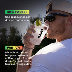 A man wearing sunglasses and a cap drinks from a clear plastic cup labeled 'GAINS' outdoors. Text overlays read 'HOW TO USE:' and 'PRO TIP' with instructions about mixing the product with water, coffee, or a favorite drink | cherry limeade