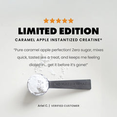Caramel apple instantized creatine with a spoon on a light gray background | caramel apple